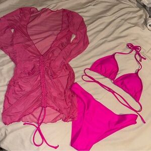 SHEIN Pink Bikini Set with Sheer Cover-Up